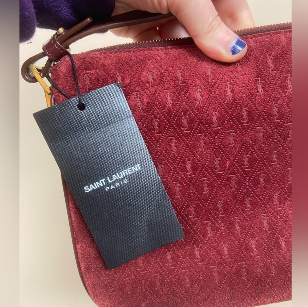 Saint Laurent Suede All-Over Monogram Burgundy Crossbody Bag - Picture 7 of 8